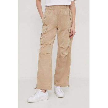 Sisley pantaloni femei, culoarea bej, drept, high waist