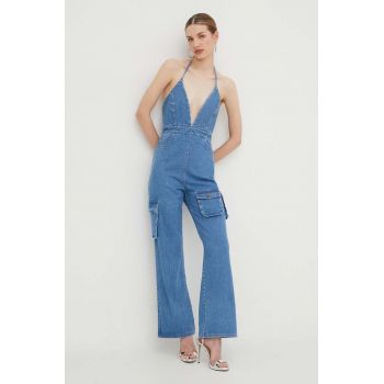 Bardot salopeta jeans cu decolteu in v