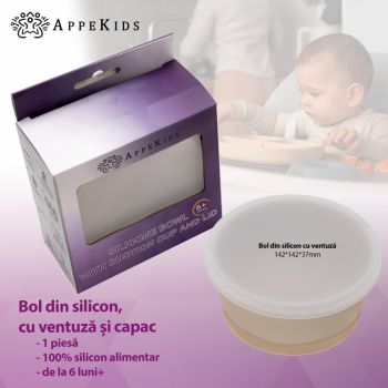 Bol din silicon cu ventuza si capac AppeKids Bubble Beige de firma originala