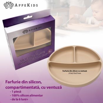 Farfurie compartimentata din silicon cu ventuza AppeKids Bubble Beige