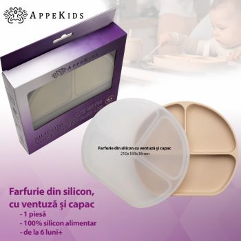 Farfurie compartimentata din silicon cu ventuza si capac AppeKids Bubble Beige ieftina