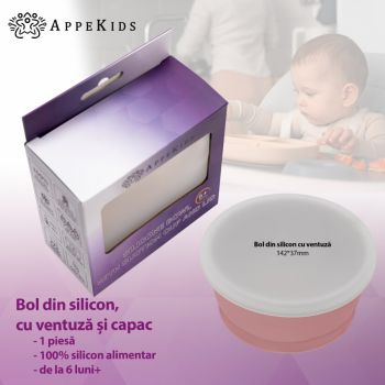 Bol din silicon cu ventuza si capac AppeKids Old Rose