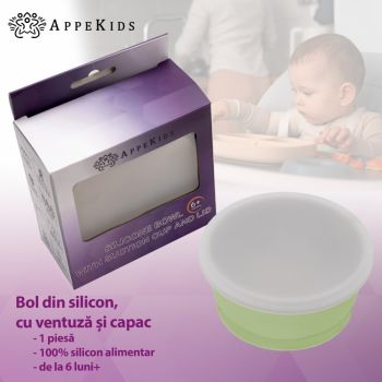 Bol din silicon cu ventuza si capac AppeKids Raw Green de firma originala