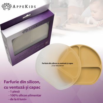 Farfurie compartimentata din silicon cu ventuza si capac AppeKids Honey