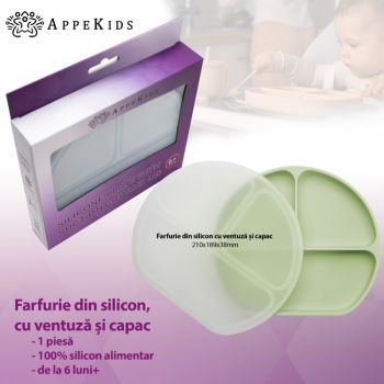 Farfurie compartimentata din silicon cu ventuza si capac AppeKids Raw Green de firma originala