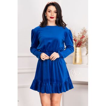 Rochie dama Cherry din catifea albastru royal cu volanas ieftina