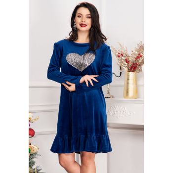 Rochie din catifea Alma albastru royal cu inima din paiete ieftina