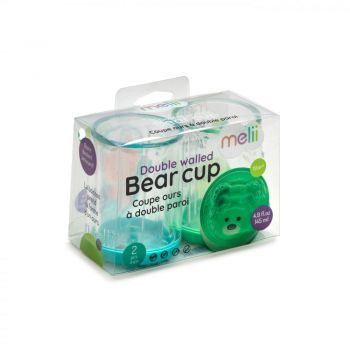 Set 2 pahare pentru copii cu design interior urs Melii,145 ml, albastru-verde