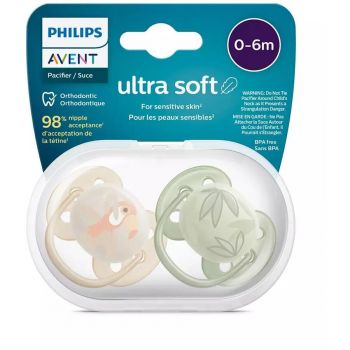Set 2 Suzete Ultra Soft 0-6luni Ortodontice Fara BPA Frunze/Papagal Multicolor de firma originala