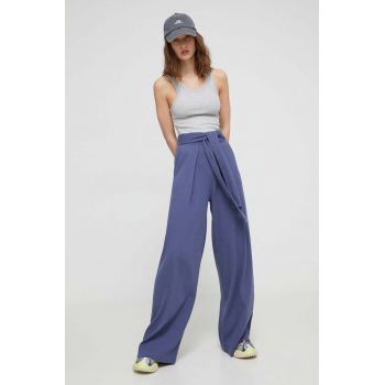 Desigual pantaloni femei, culoarea albastru marin, lat, high waist