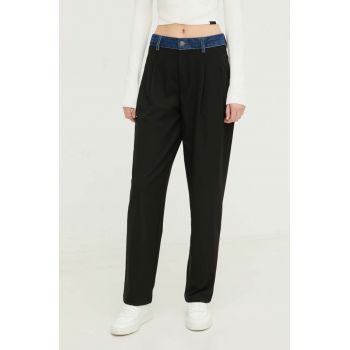 Desigual pantaloni femei, culoarea negru, drept, high waist