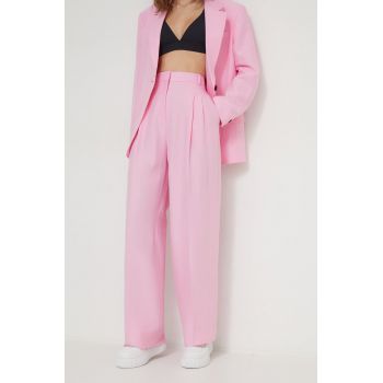 HUGO pantaloni din amestec de in culoarea roz, drept, high waist 50520961