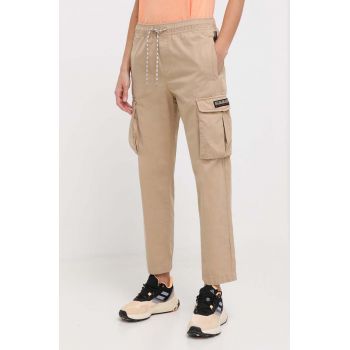 Napapijri pantaloni de bumbac culoarea bej, drept, high waist