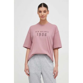 New Balance tricou din bumbac femei, culoarea roz ieftin