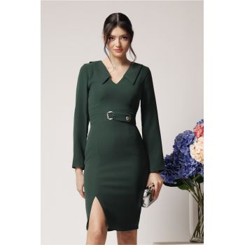 Rochie Moze office din stofa verde cu catarama in talie ieftina la reducere
