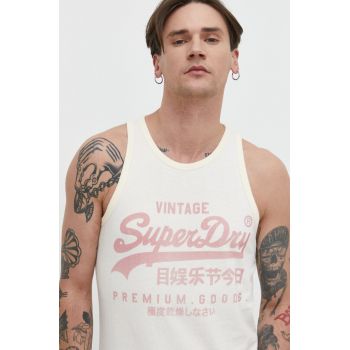 Superdry tricou din bumbac barbati, culoarea bej ieftin