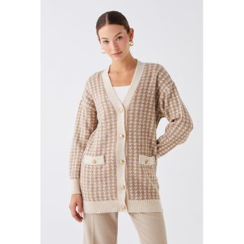 Cardigan lung cu imprimeu houndstooth