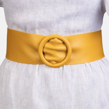 Curea galben solar din piele naturala cu latime de 7 cm, catarama rotunda imbracata in piele de firma originala