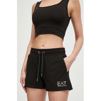 EA7 Emporio Armani pantaloni scurti femei, culoarea negru, cu imprimeu, medium waist