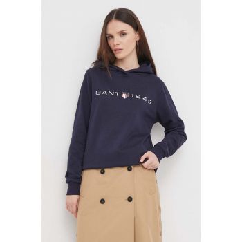 Gant bluza femei, culoarea albastru marin, cu glugă, cu imprimeu