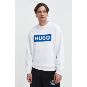 HUGO Blue hanorac de bumbac bărbați, culoarea alb, cu imprimeu 50522375