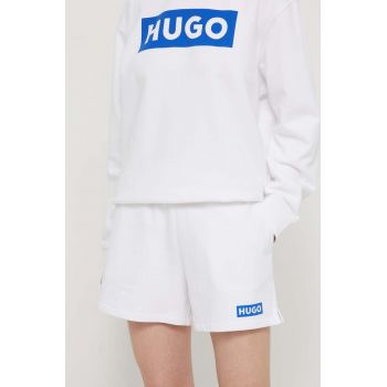 Hugo Blue pantaloni scurti din bumbac culoarea alb, cu imprimeu, high waist