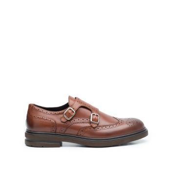 Pantofi barbati casual din piele naturala cu catarame,Leofex - 996-1 Cognac Box la reducere