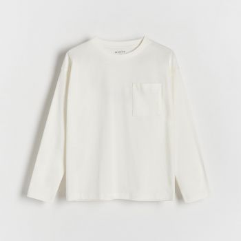 Reserved - Tricou oversized, cu buzunar și mânecă lungă - Ivory