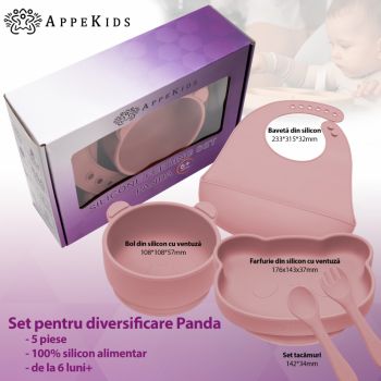 Set diversificare AppeKids din silicon 5 piese Panda Old Rose