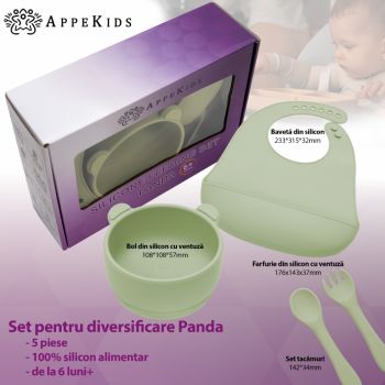 Set diversificare AppeKids din silicon 5 piese Panda Raw Green la reducere