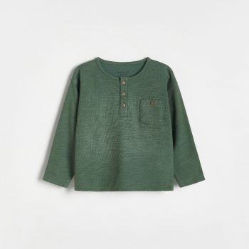 Reserved - Tricou structurat cu mânecă lungă Henley - Verde