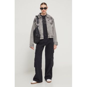 Desigual geacă din denim femei, culoarea gri, de tranziție, oversized