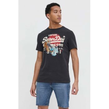 Superdry tricou din bumbac barbati, culoarea gri, cu imprimeu