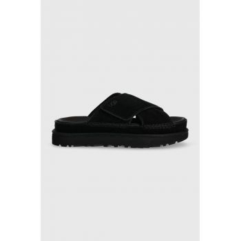 UGG papuci din piele Goldenstar Cross Slide femei, culoarea negru, cu platforma, 1137910