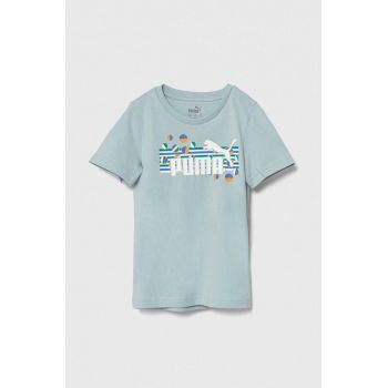 Puma tricou de bumbac pentru copii ESS+ SUMMER CAMP Tee culoarea turcoaz, cu imprimeu ieftin