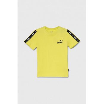 Puma tricou de bumbac pentru copii Ess Tape Tee B culoarea galben, cu imprimeu