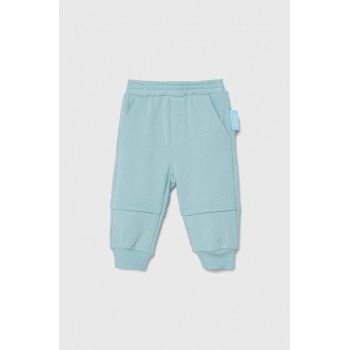 Emporio Armani pantaloni de trening din bumbac pentru bebeluși x The Smurfs culoarea turcoaz, neted