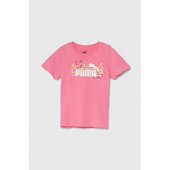 Puma tricou de bumbac pentru copii ESS+ SUMMER CAMP Tee culoarea roz, cu imprimeu ieftin