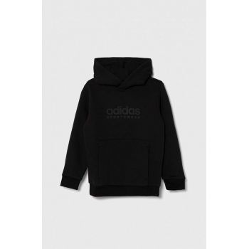 adidas bluza copii culoarea negru, cu glugă, cu imprimeu de firma originala