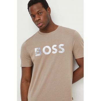 BOSS Orange tricou din bumbac bărbați, culoarea bej, cu imprimeu 50515997 de firma original