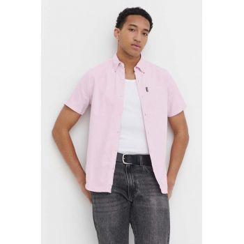 Superdry camasa din bumbac barbati, culoarea roz, cu guler clasic, regular de firma originala