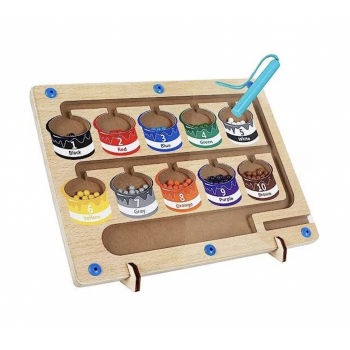 Joc Montessori Labirintul Galetilor cu bile, cifre si culori, cu suport, din lemn