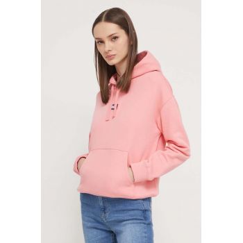 Tommy Jeans hanorac de bumbac femei, culoarea roz, cu glugă, cu imprimeu