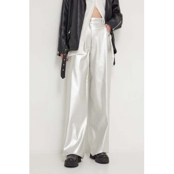 HUGO pantaloni femei, culoarea argintiu, lat, high waist