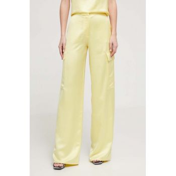 HUGO pantaloni femei, culoarea galben, lat, high waist 50511830