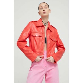 Moschino Jeans geaca de piele femei, culoarea rosu, de tranzitie la reducere