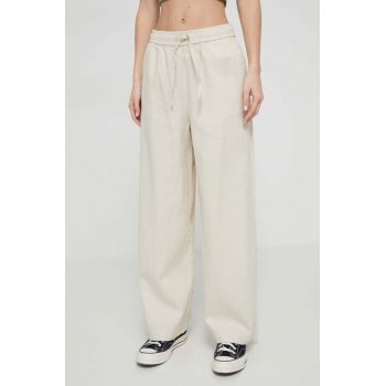 Roxy pantaloni din in lniane Lekeitio culoarea bej, drept, high waist ERJNP03545 ieftina