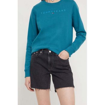 Tommy Jeans pantaloni scurti jeans femei, culoarea negru, neted, high waist