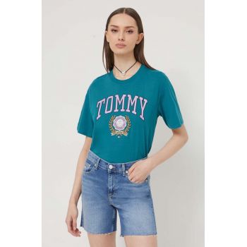 Tommy Jeans tricou din bumbac femei, culoarea verde