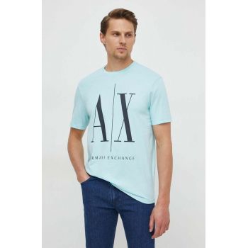 Armani Exchange tricou din bumbac culoarea turcoaz, cu imprimeu ieftin